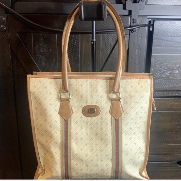 Gucci Beige Canvas Tote with Brown Leather Trim and Green-Red Stripes